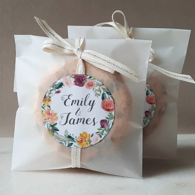 Adesivo Redondo Monograma de Casamento Floral Rustic Burgundy (Criador carregado)