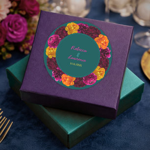 Adesivo Redondo Monograma de casamento floral verde-rosa moderno