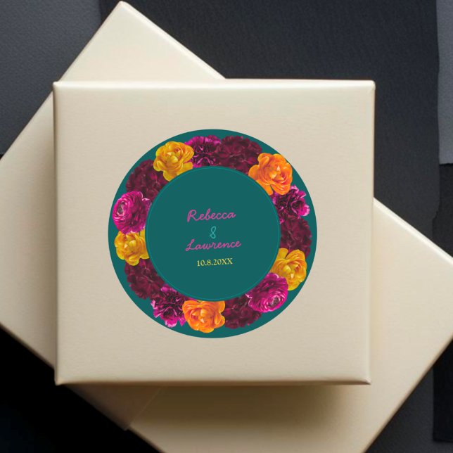 Adesivo Redondo Monograma de casamento floral verde-rosa moderno (Criador carregado)