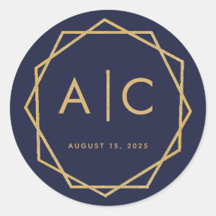 Adesivo Redondo Monograma de Cásamento Geométrico Moderno em Azul-