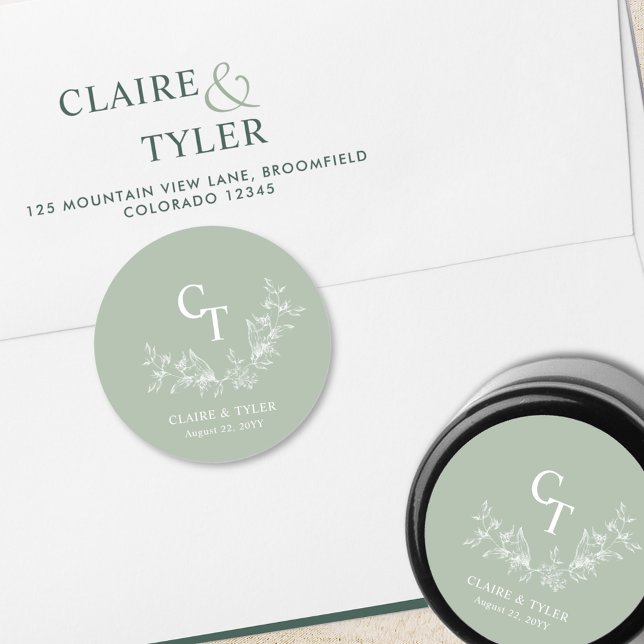Adesivo Redondo Monograma de Casamento Verde Pálido Selo / Favor (Criador carregado)