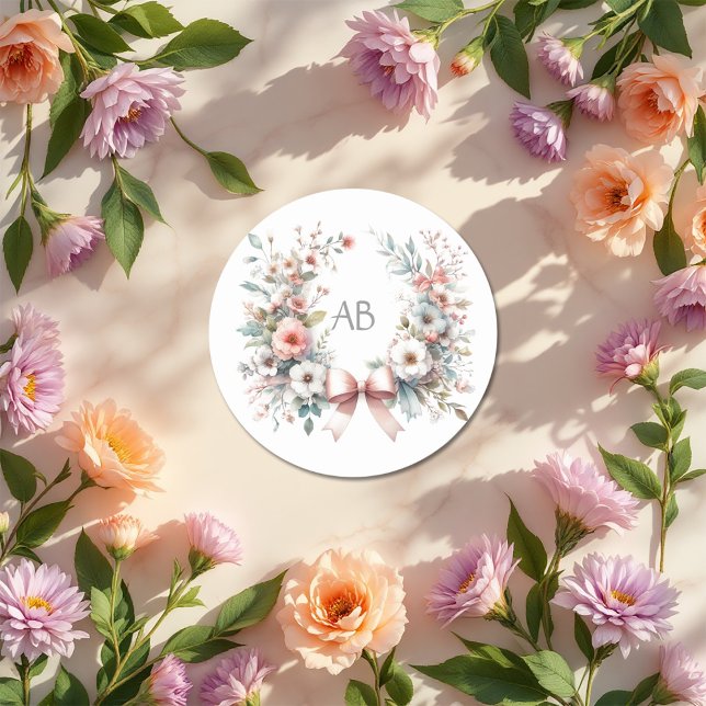 Adesivo Redondo Monograma de Chuveirinha de Bebê Floral com Laço R (Romantic Bow Floral Baby Shower Monogram Classic Round Sticker)