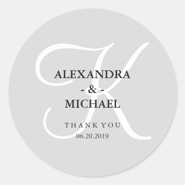 Adesivo Redondo Monograma de Cinzas Clássicas Modernas e Obrigado (Frente)