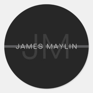 Adesivo Redondo Monograma de Cinzas Escuras, Nome e Faixa Geométri