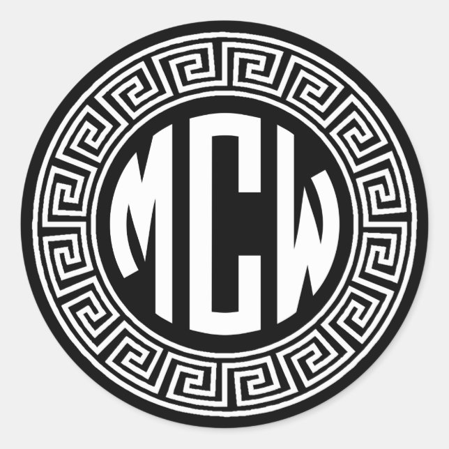 Adesivo Redondo Monograma de Círculo Branco Preto Fonte Chave Greg (Frente)