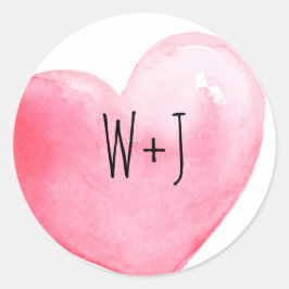 Adesivo Redondo Monograma de Coração com Aquarela Rosa Casamento