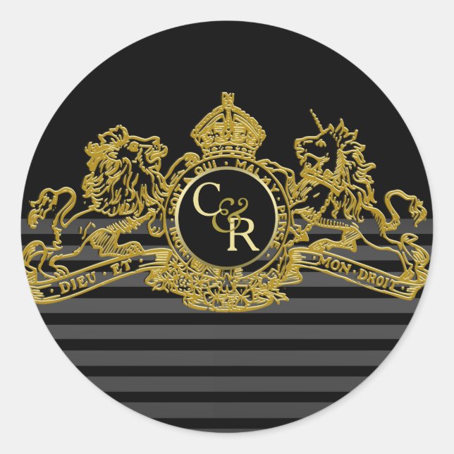 Adesivo Redondo Monograma de Emblem Regual de Leão Dourado Negro (Frente)