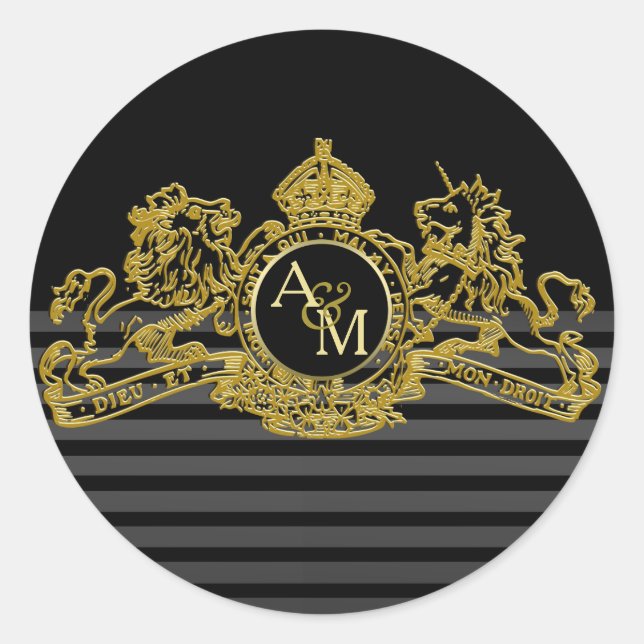 Adesivo Redondo Monograma de Emblem Regual de Leão Dourado Negro (Frente)