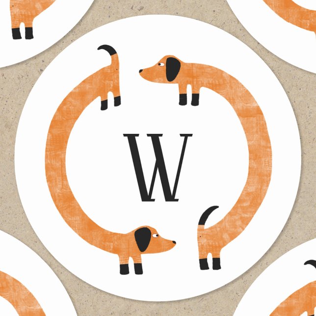 Adesivo Redondo Monograma de Enchimento de Enchimento Engraçado (Dachshund Wiener Sausage Dog monogram initial stickers)