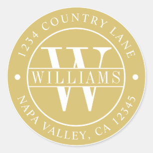 Adesivo Redondo Monograma de Endereço de Devolução Elegante Dourad