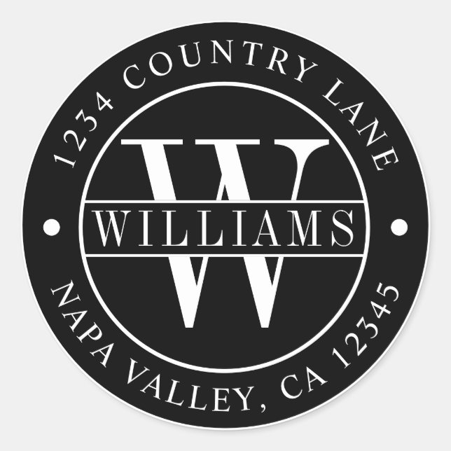 Adesivo Redondo Monograma de Endereço de Devolução Elegante Preto (Frente)