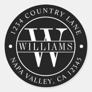 Adesivo Redondo Monograma de Endereço de Devolução Elegante Preto