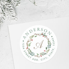 Adesivo Redondo Monograma de Endereço de Natal com Folhas de Inver