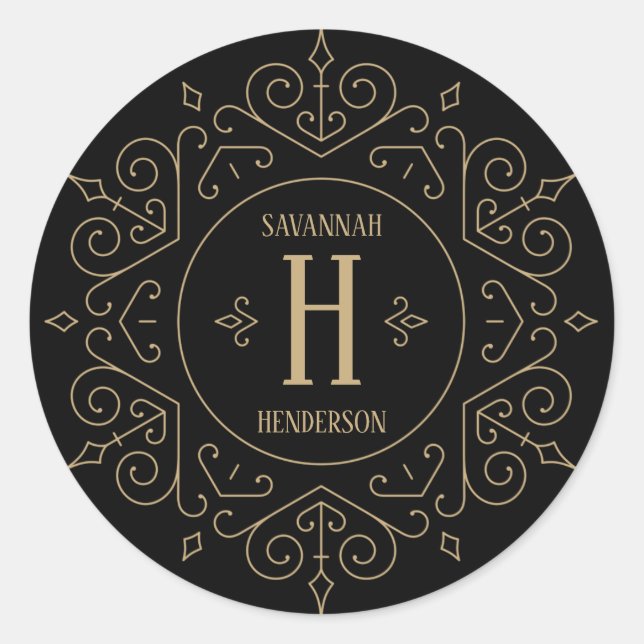 Adesivo Redondo Monograma de espirais gótica em preto e Dourado (Frente)