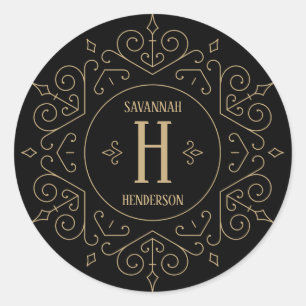 Adesivo Redondo Monograma de espirais góticas Douradas e pretas