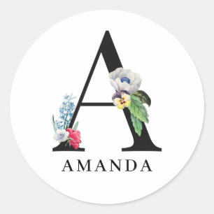 Adesivo Redondo Monograma De Floral Personalizado Letra A