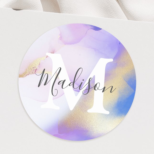Adesivo Redondo Monograma de Glama de Aquarela Roxa Nome Personali (Criador carregado)