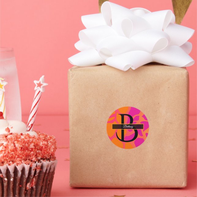 Adesivo Redondo Monograma de Gradação Laranja e Rosa Quente (Festa)