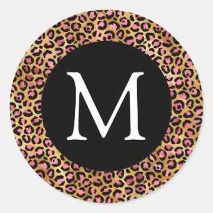 Adesivo Redondo Monograma de Impressão Leopardo Rosa e Dourado