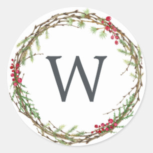 Adesivo Redondo Monograma de inverno Berries Wreath de inverno