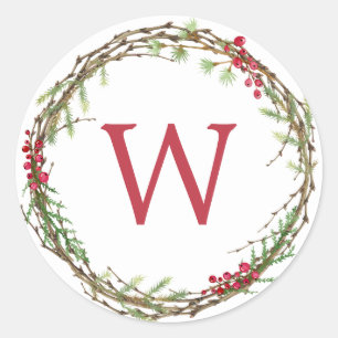 Adesivo Redondo Monograma de inverno Berries Wreath de inverno