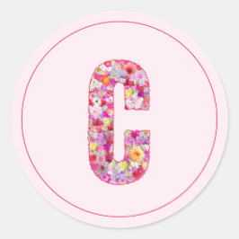 Adesivo Redondo Monograma de letra C floral rosa elegante moderno