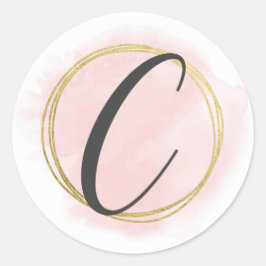 Adesivo Redondo Monograma de Letra C Rosa Bege Aquarela Dourado Ch