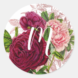 Adesivo Redondo Monograma de Letra Floral Rosa e Borgonha