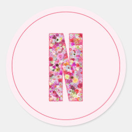 Adesivo Redondo Monograma de Letra N Floral Rosa Elegante Moderno