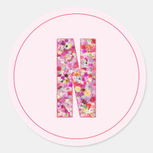Adesivo Redondo Monograma de Letra N Floral Rosa Elegante Moderno