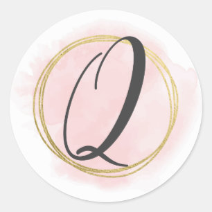 Adesivo Redondo Monograma de Letra Q Rosa Bege Watercolor Dourado