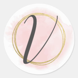 Adesivo Redondo Monograma de Letra V Rosa Bege Watercolor Dourado 