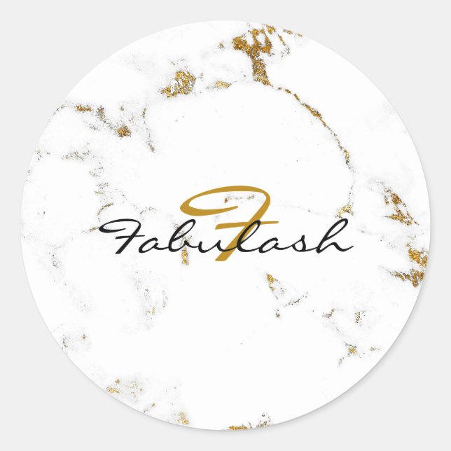 Adesivo Redondo Monograma de Mármaco Branco com Dourado nome redon (Frente)