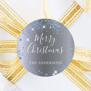 Adesivo Redondo Monograma de metal azul-prata de Natal