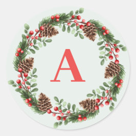 Adesivo Redondo Monograma de Natal Elegante Cones Wreath