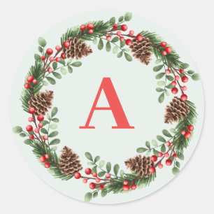 Adesivo Redondo Monograma de Natal Elegante Cones Wreath