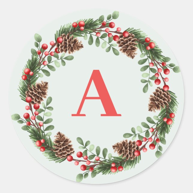 Adesivo Redondo Monograma de Natal Elegante Cones Wreath (Frente)