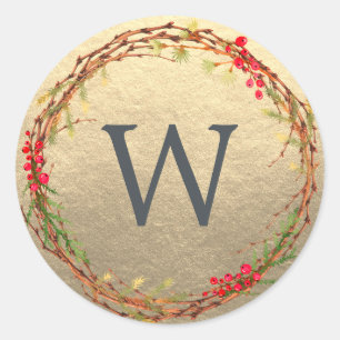 Adesivo Redondo Monograma de natal Greenery Wreath Dourado