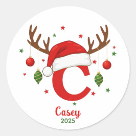 Adesivo Redondo Monograma de Natal Personalizado C Chapéu de Papai