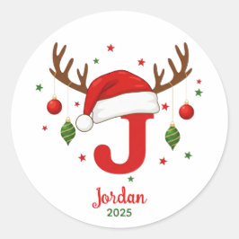 Adesivo Redondo Monograma de Natal Personalizado J Chapéu de Papai