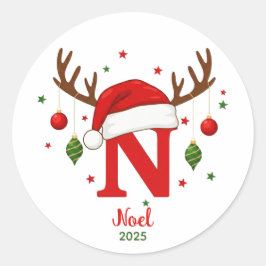 Adesivo Redondo Monograma de Natal Personalizado N Chapéu de Papai