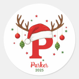 Adesivo Redondo Monograma de Natal Personalizado P Chapéu de Papai