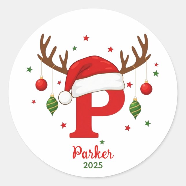 Adesivo Redondo Monograma de Natal Personalizado P Chapéu de Papai (Frente)