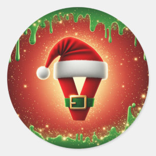 Adesivo Redondo Monograma de Natal Personalizado V com Chapéu de P