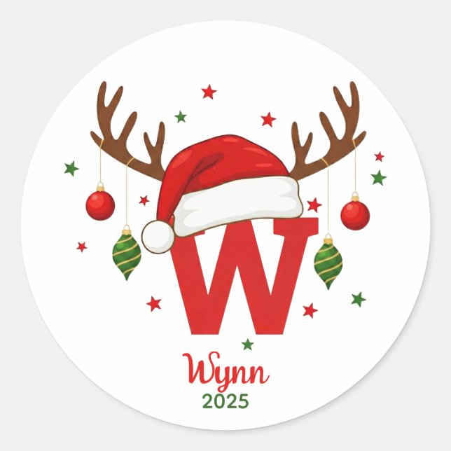 Adesivo Redondo Monograma de Natal Personalizado W Com Chapéu de P (Frente)