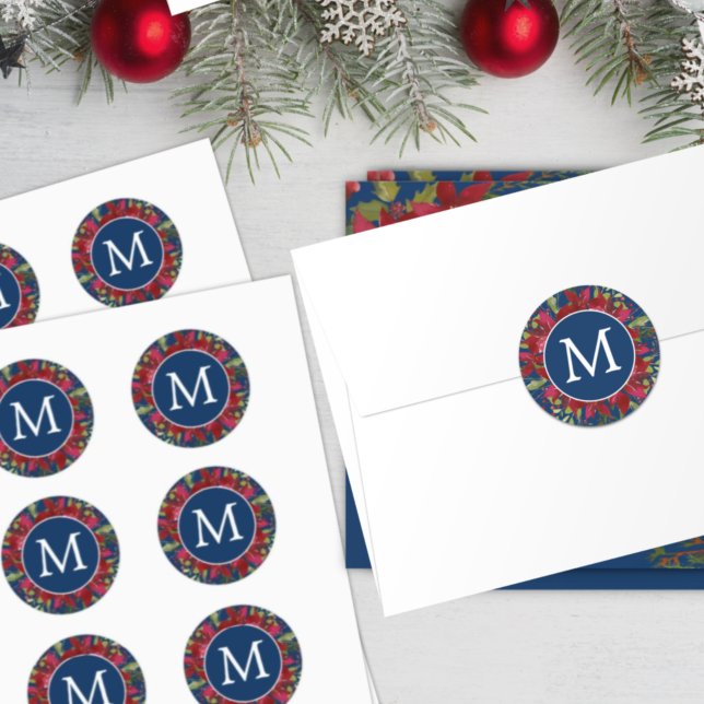 Adesivo Redondo Monograma de Natal Poinsettia Botânica Elegante (Criador carregado)