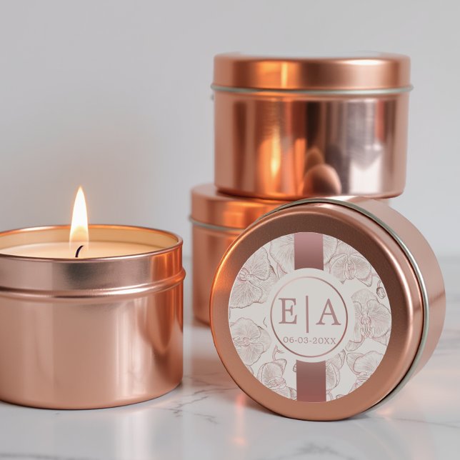 Adesivo Redondo Monograma de Noiva com Orquídea Rosa Po dusty Eleg (Favor Label)