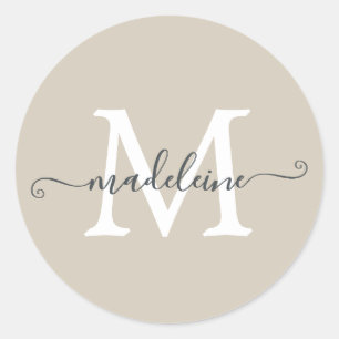 Adesivo Redondo Monograma de Nome de Rótulo Personalizado Bege Que