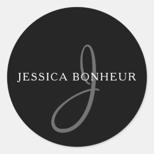 Adesivo Redondo Monograma de Nome Elegante   Cinzas brancas