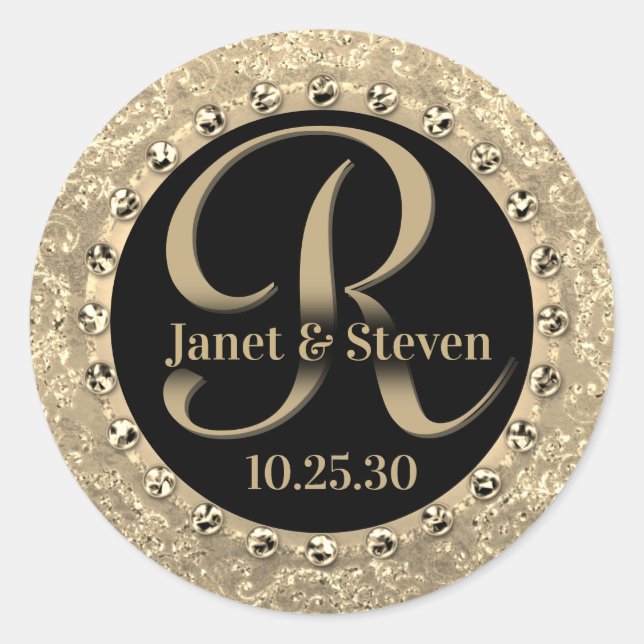 Adesivo Redondo Monograma de Nomes Legais Dourados de Vidro (Frente)